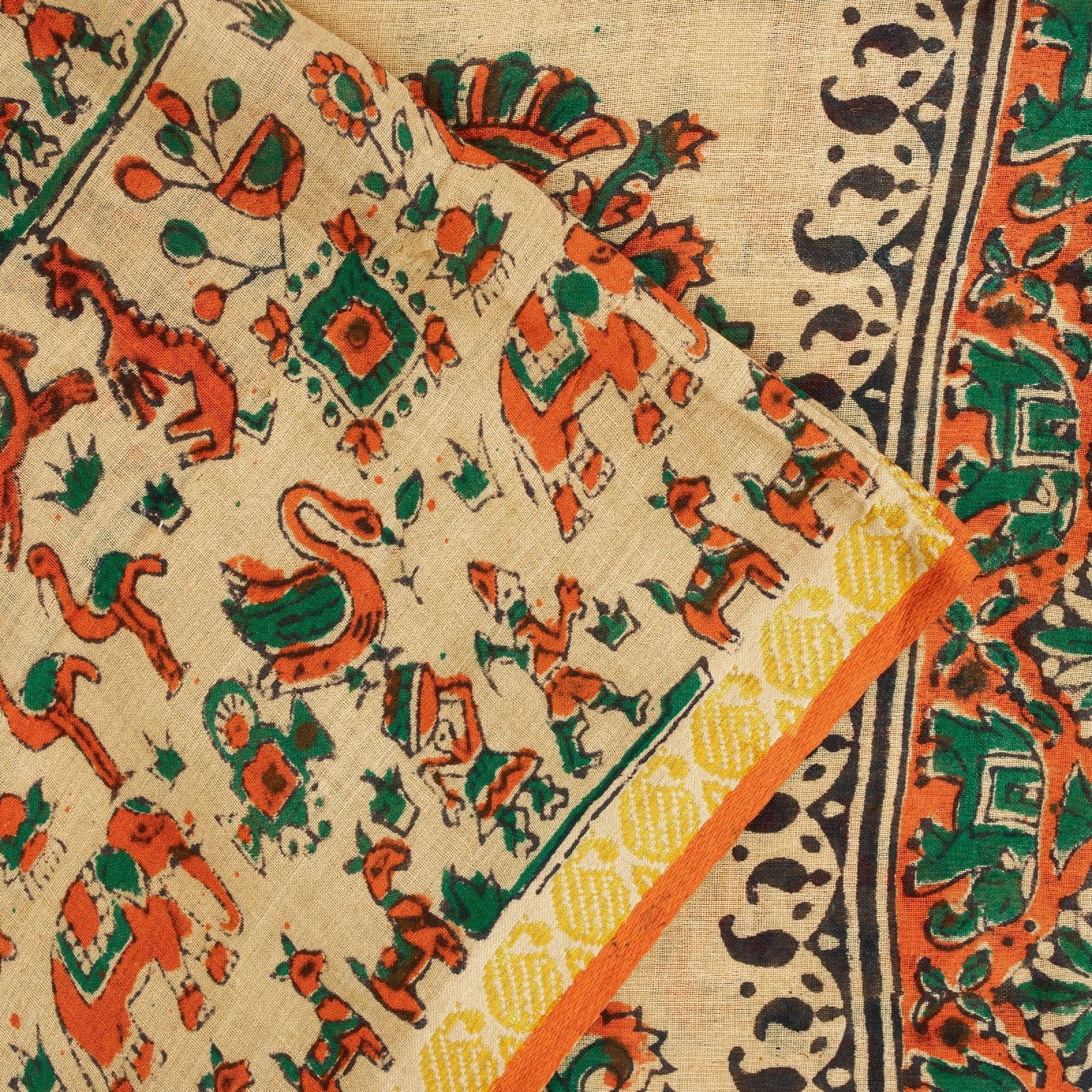 Sanskriti Vintage Sarees Pure Cotton CreamAnimal Human Hand BlockPrint 5+yd Sari