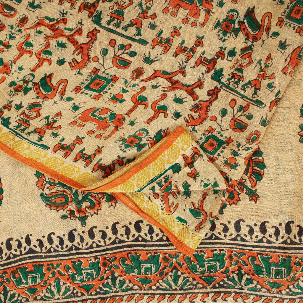 Sanskriti Vintage Sarees Pure Cotton CreamAnimal Human Hand BlockPrint 5+yd Sari
