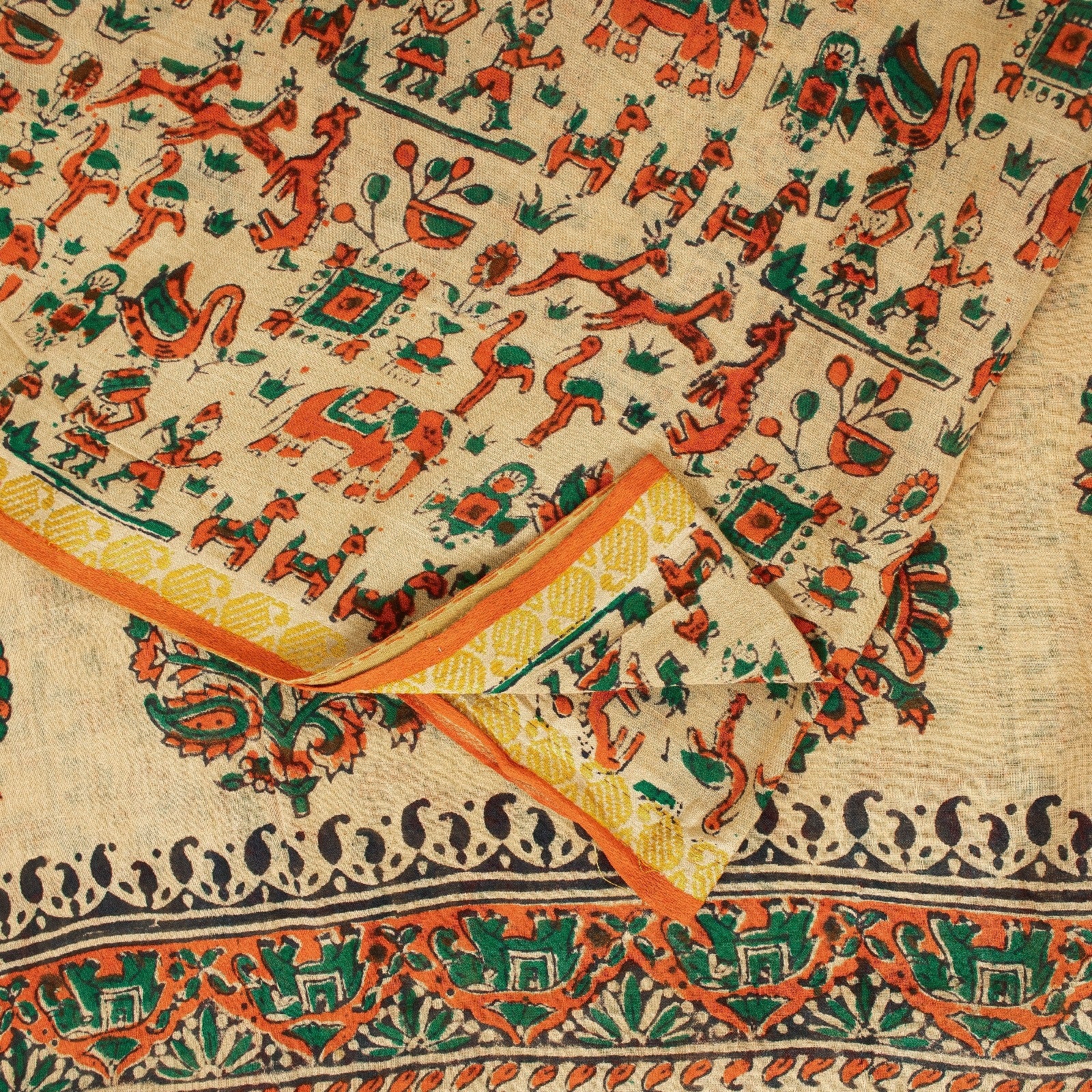 Sanskriti Vintage Sarees Pure Cotton CreamAnimal Human Hand BlockPrint 5+yd Sari