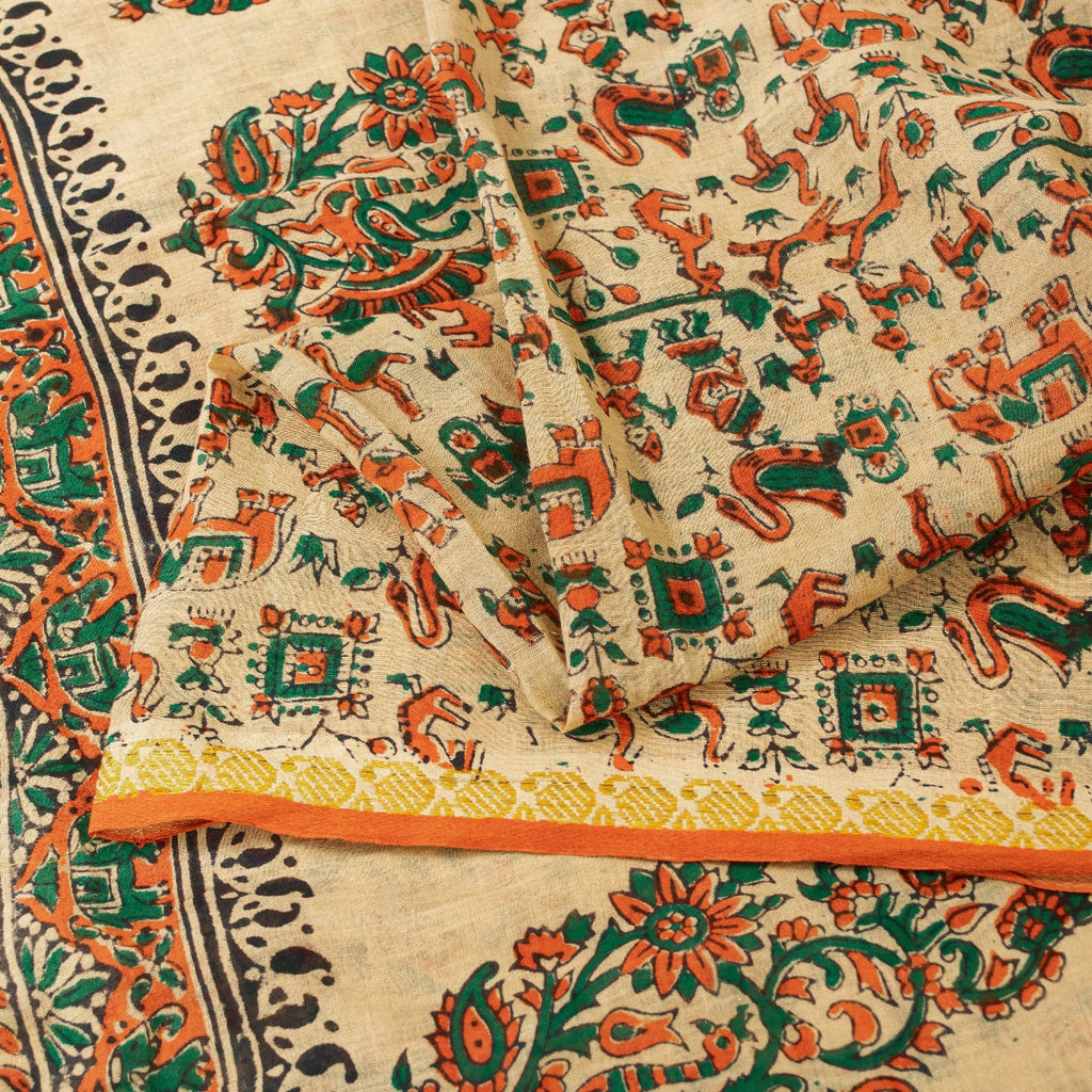 Sanskriti Vintage Sarees Pure Cotton CreamAnimal Human Hand BlockPrint 5+yd Sari