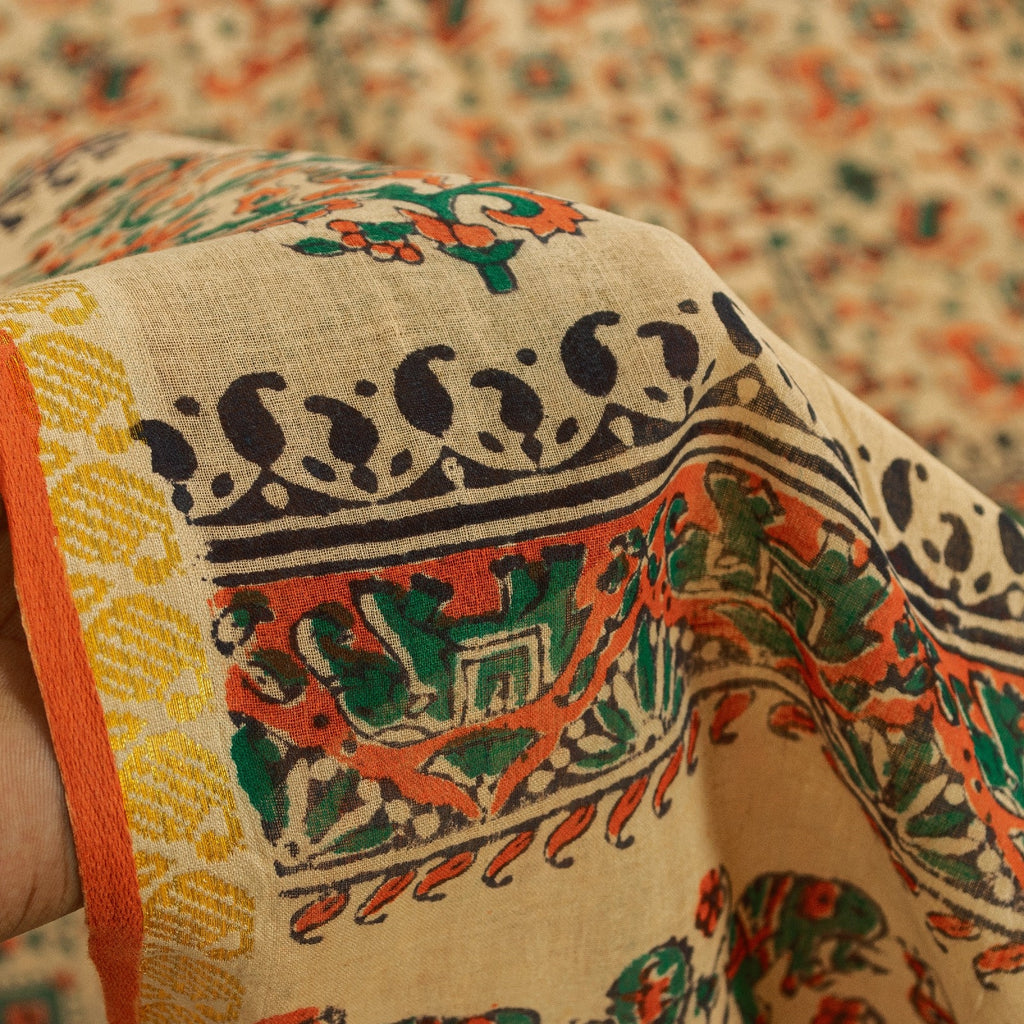 Sanskriti Vintage Sarees Pure Cotton CreamAnimal Human Hand BlockPrint 5+yd Sari