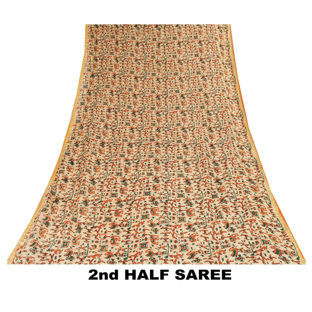 Sanskriti Vintage Sarees Pure Cotton CreamAnimal Human Hand BlockPrint 5+yd Sari
