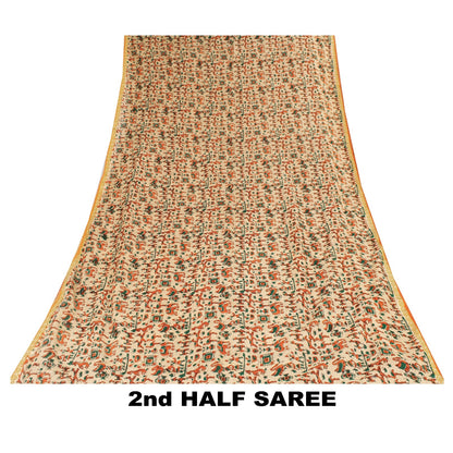 Sanskriti Vintage Sarees Pure Cotton CreamAnimal Human Hand BlockPrint 5+yd Sari
