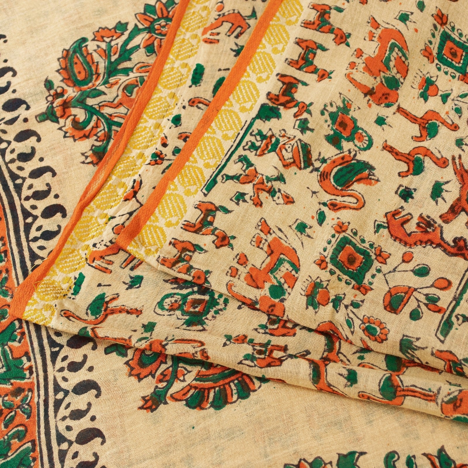 Sanskriti Vintage Sarees Pure Cotton CreamAnimal Human Hand BlockPrint 5+yd Sari