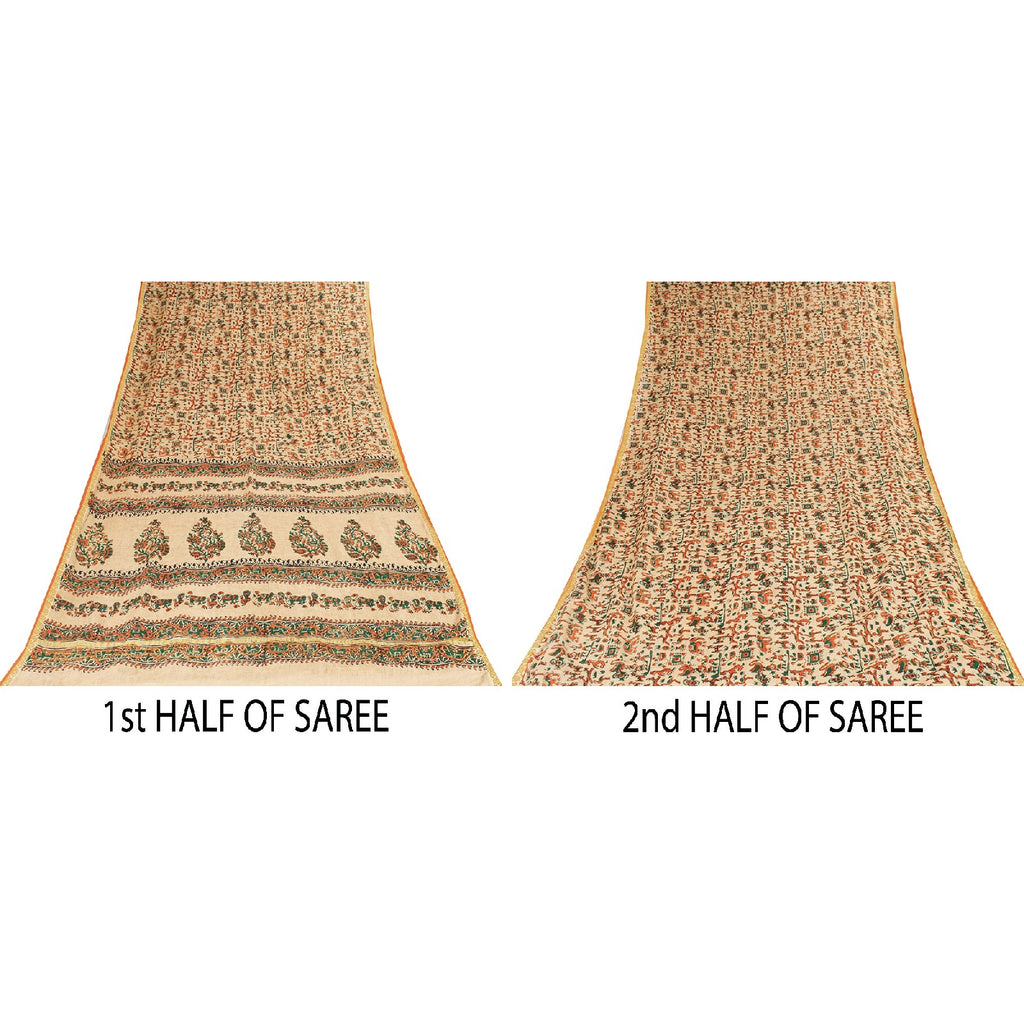 Sanskriti Vintage Sarees Pure Cotton CreamAnimal Human Hand BlockPrint 5+yd Sari