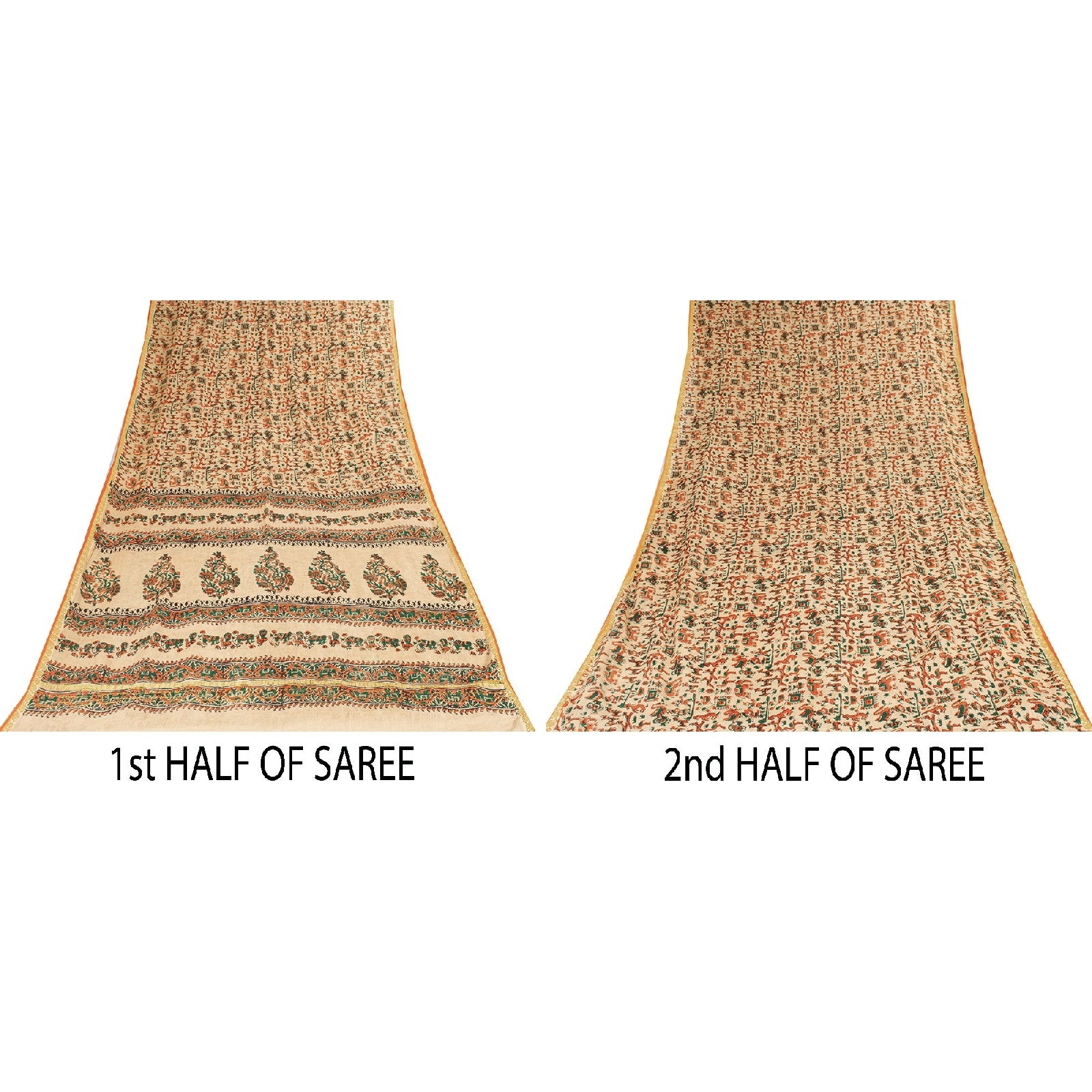 Sanskriti Vintage Sarees Pure Cotton CreamAnimal Human Hand BlockPrint 5+yd Sari