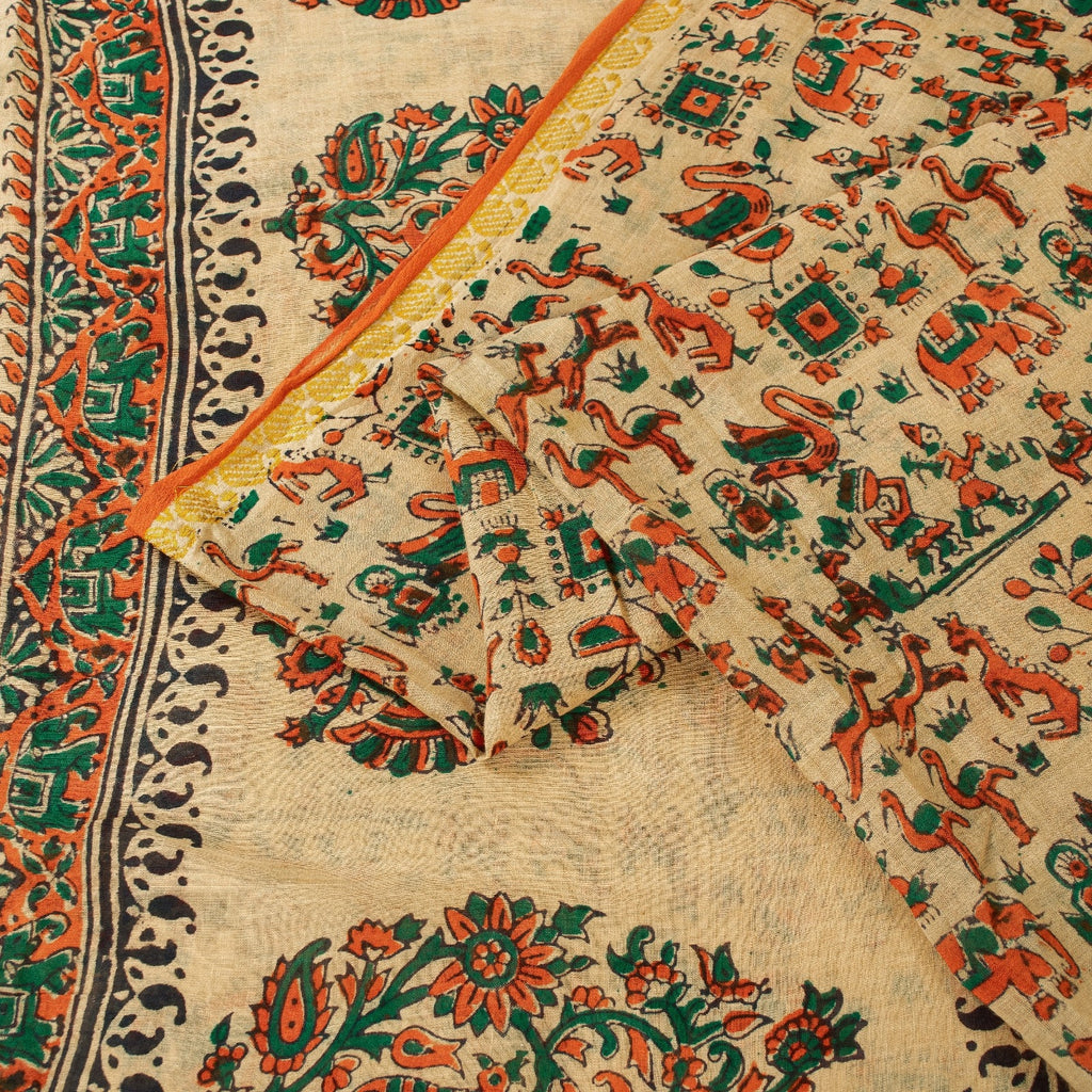 Sanskriti Vintage Sarees Pure Cotton CreamAnimal Human Hand BlockPrint 5+yd Sari