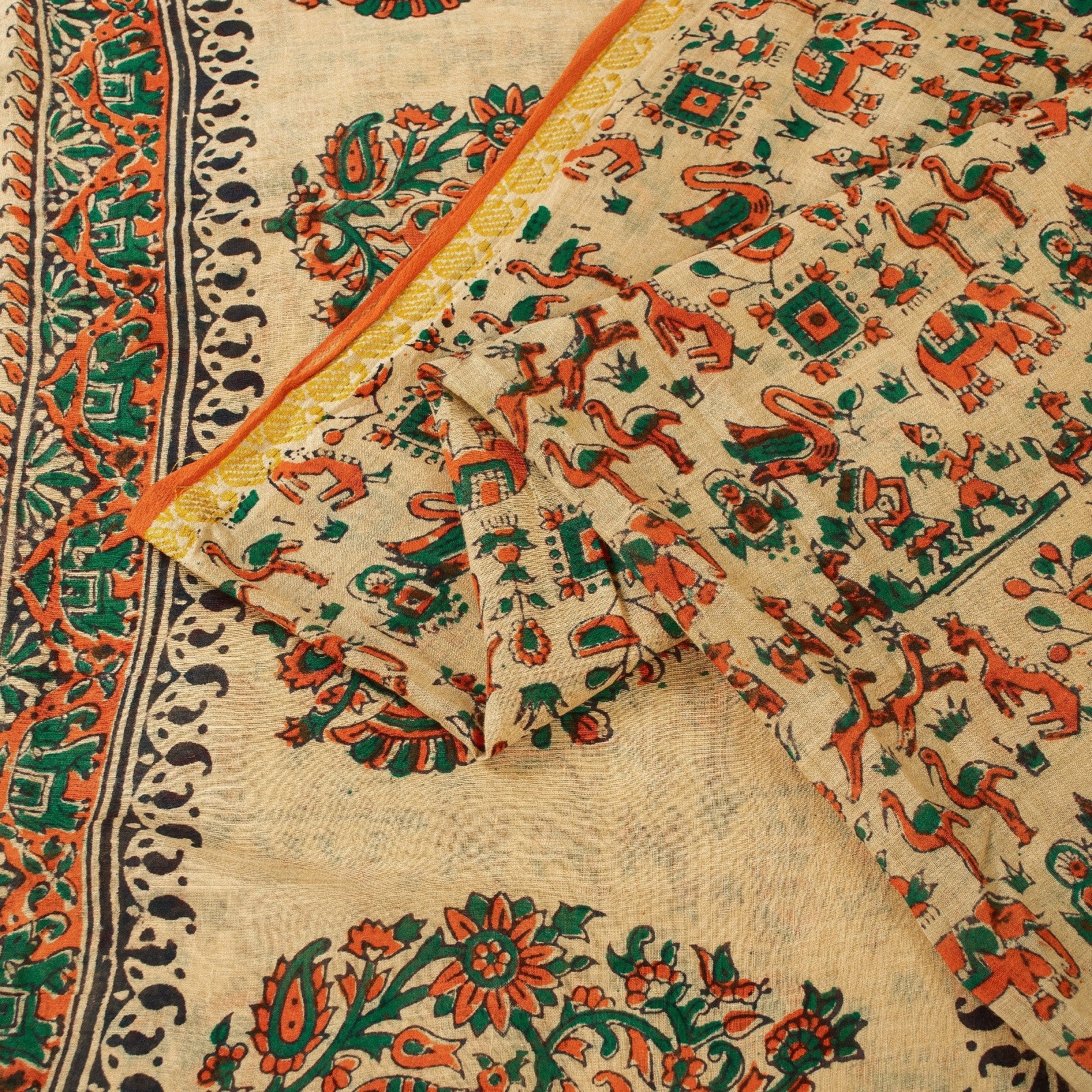 Sanskriti Vintage Sarees Pure Cotton CreamAnimal Human Hand BlockPrint 5+yd Sari