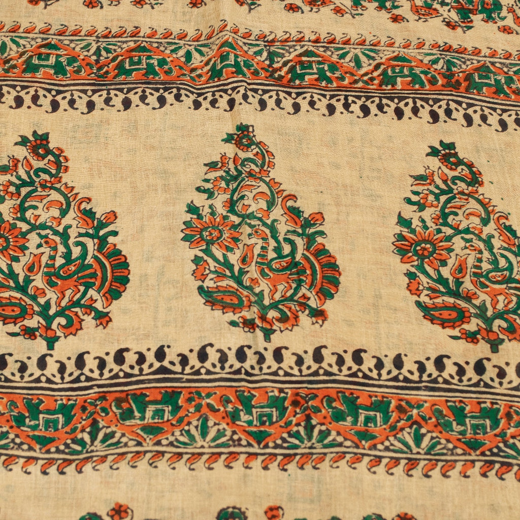 Sanskriti Vintage Sarees Pure Cotton CreamAnimal Human Hand BlockPrint 5+yd Sari