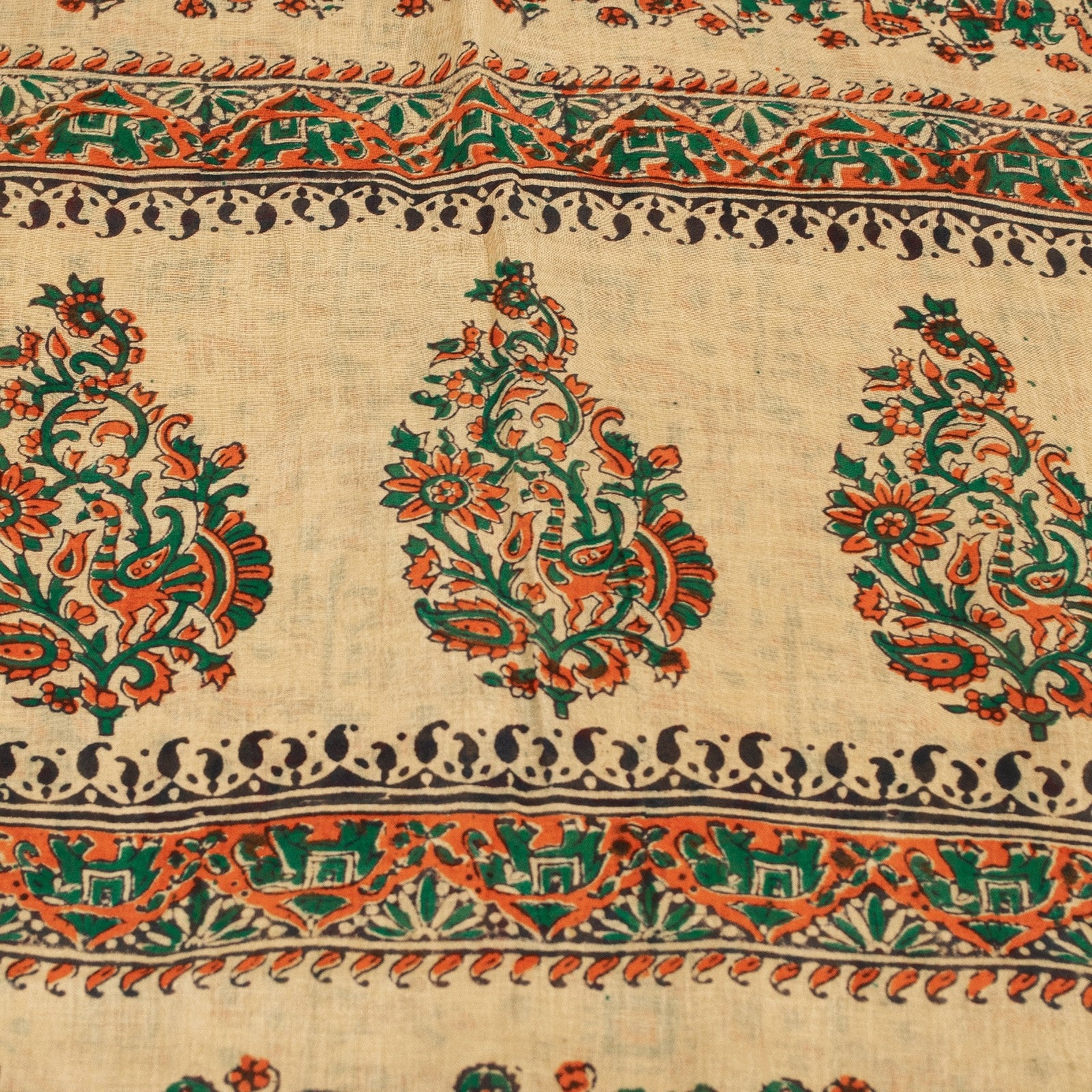 Sanskriti Vintage Sarees Pure Cotton CreamAnimal Human Hand BlockPrint 5+yd Sari