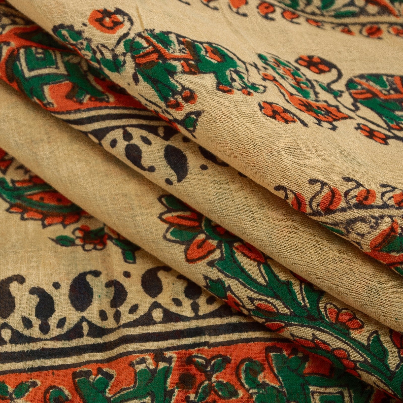 Sanskriti Vintage Sarees Pure Cotton CreamAnimal Human Hand BlockPrint 5+yd Sari