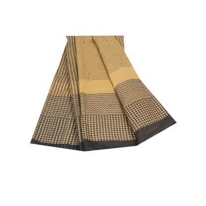 Sanskriti Vintage Sarees Cream Pure Cotton Geometric Woven 5+YD Heritage Sari