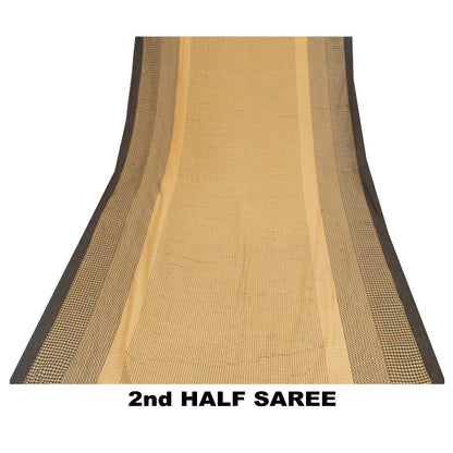 Sanskriti Vintage Sarees Cream Pure Cotton Geometric Woven 5+YD Heritage Sari