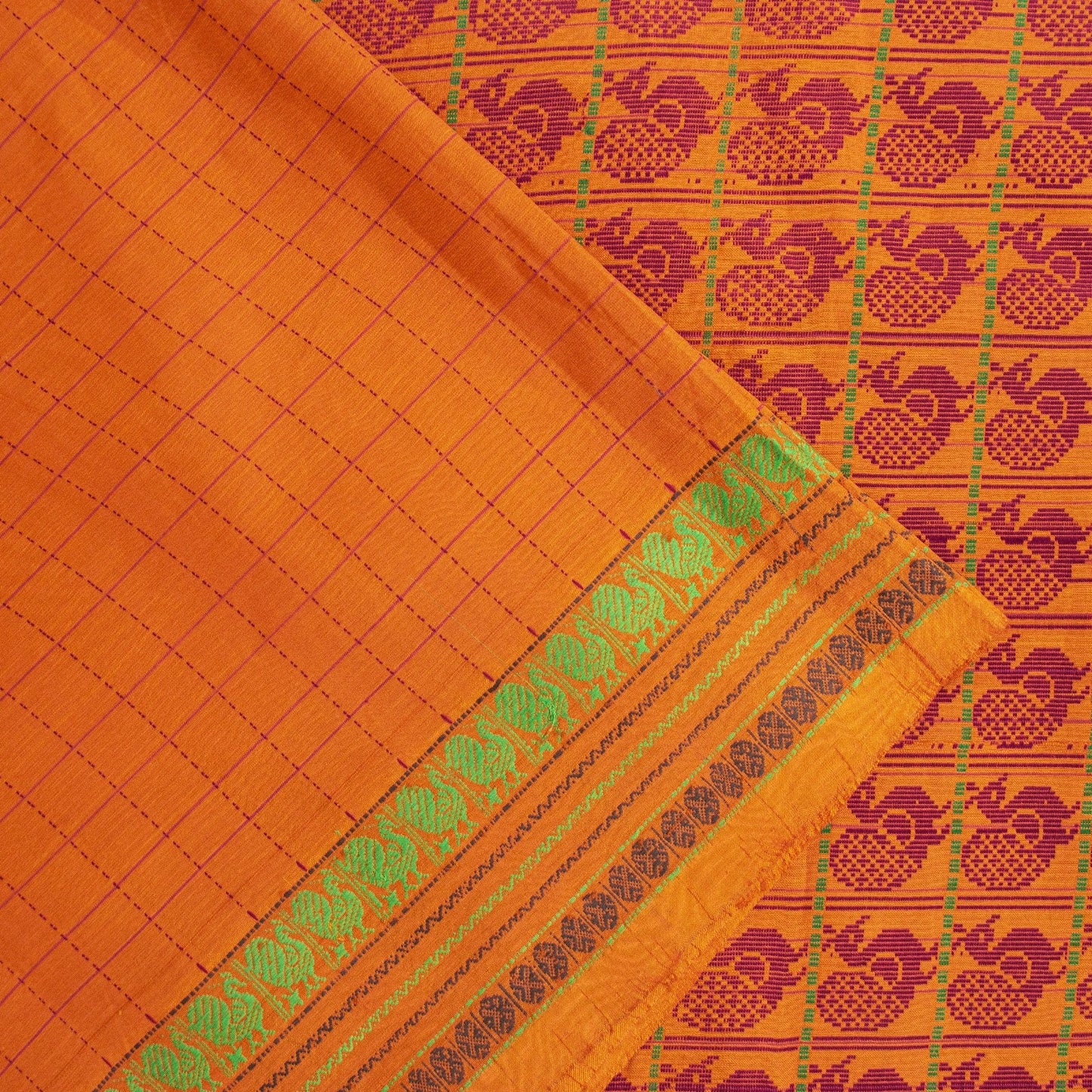 Sanskriti Vintage Sarees Yellow Pure Cotton Indian Ilkal Peacock Handwoven 5+YD