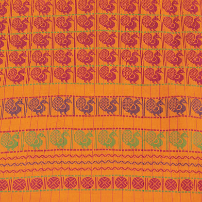Sanskriti Vintage Sarees Yellow Pure Cotton Indian Ilkal Peacock Handwoven 5+YD
