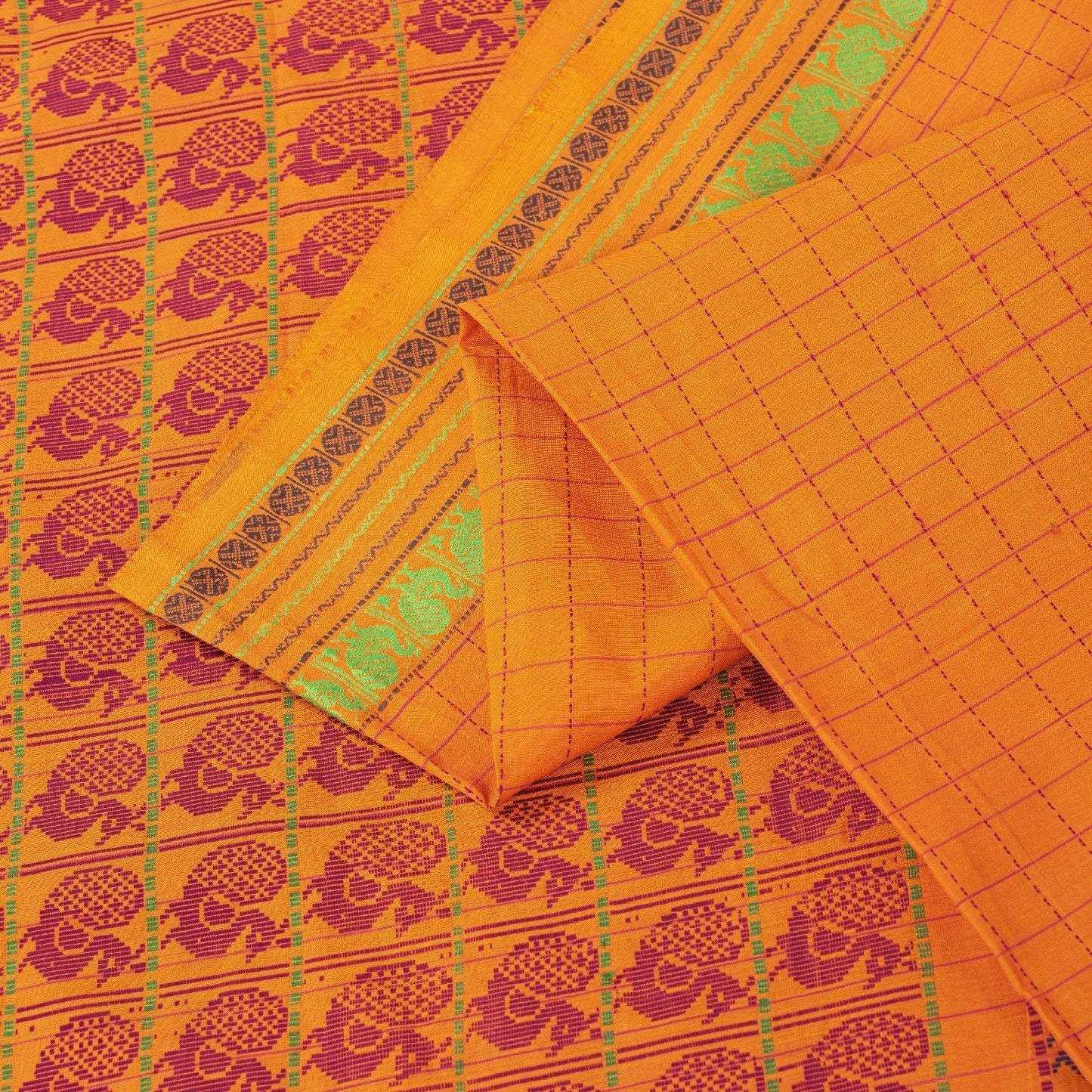 Sanskriti Vintage Sarees Yellow Pure Cotton Indian Ilkal Peacock Handwoven 5+YD