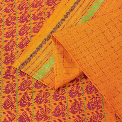 Sanskriti Vintage Sarees Yellow Pure Cotton Indian Ilkal Peacock Handwoven 5+YD