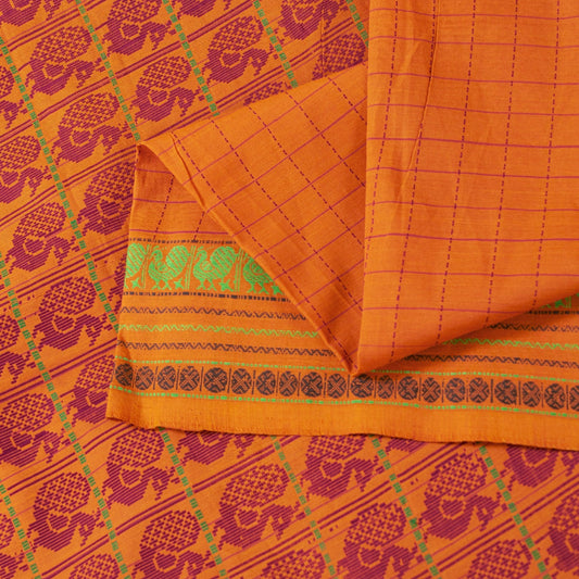 Sanskriti Vintage Sarees Yellow Pure Cotton Indian Ilkal Peacock Handwoven 5+YD