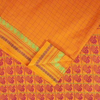 Sanskriti Vintage Sarees Yellow Pure Cotton Indian Ilkal Peacock Handwoven 5+YD