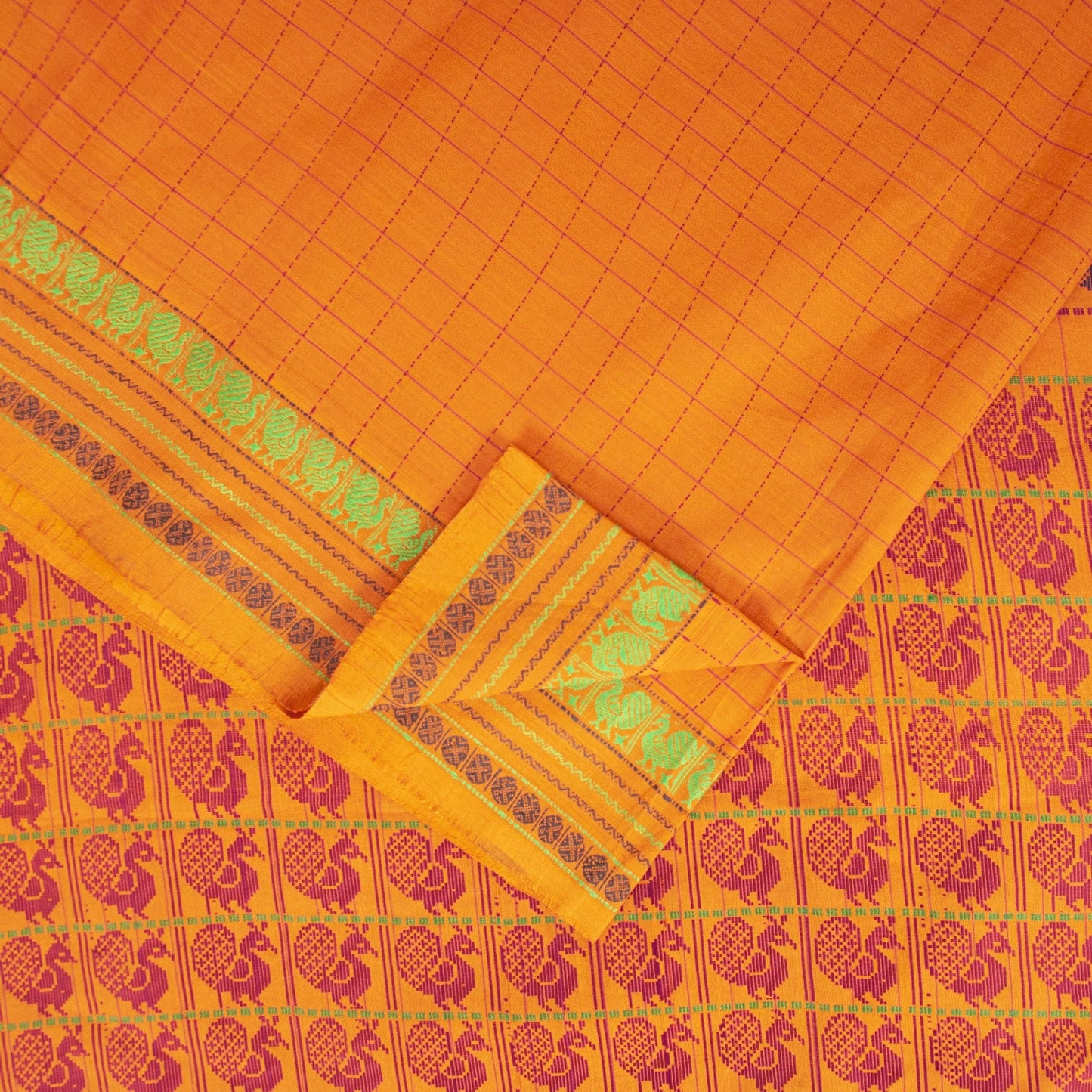 Sanskriti Vintage Sarees Yellow Pure Cotton Indian Ilkal Peacock Handwoven 5+YD