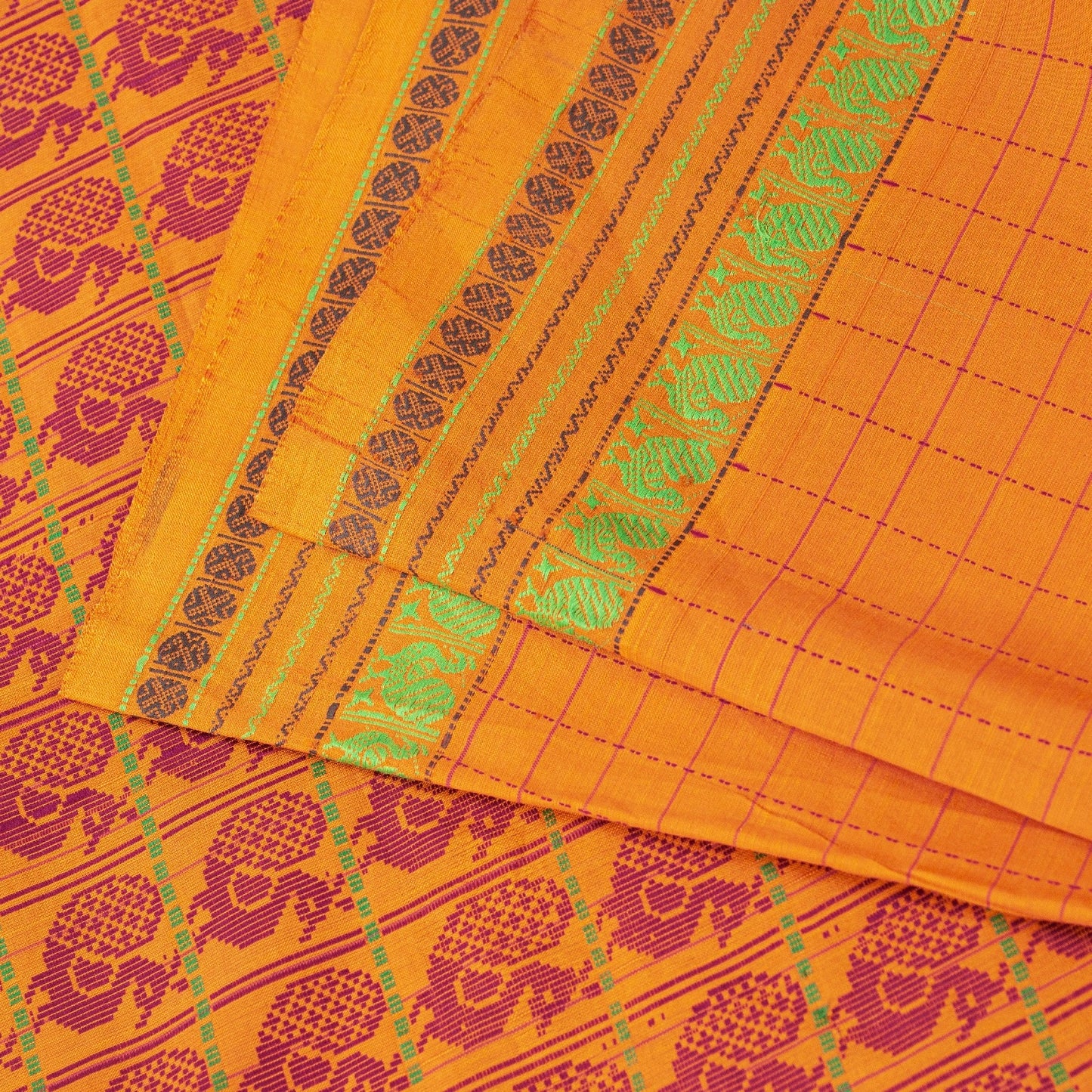 Sanskriti Vintage Sarees Yellow Pure Cotton Indian Ilkal Peacock Handwoven 5+YD