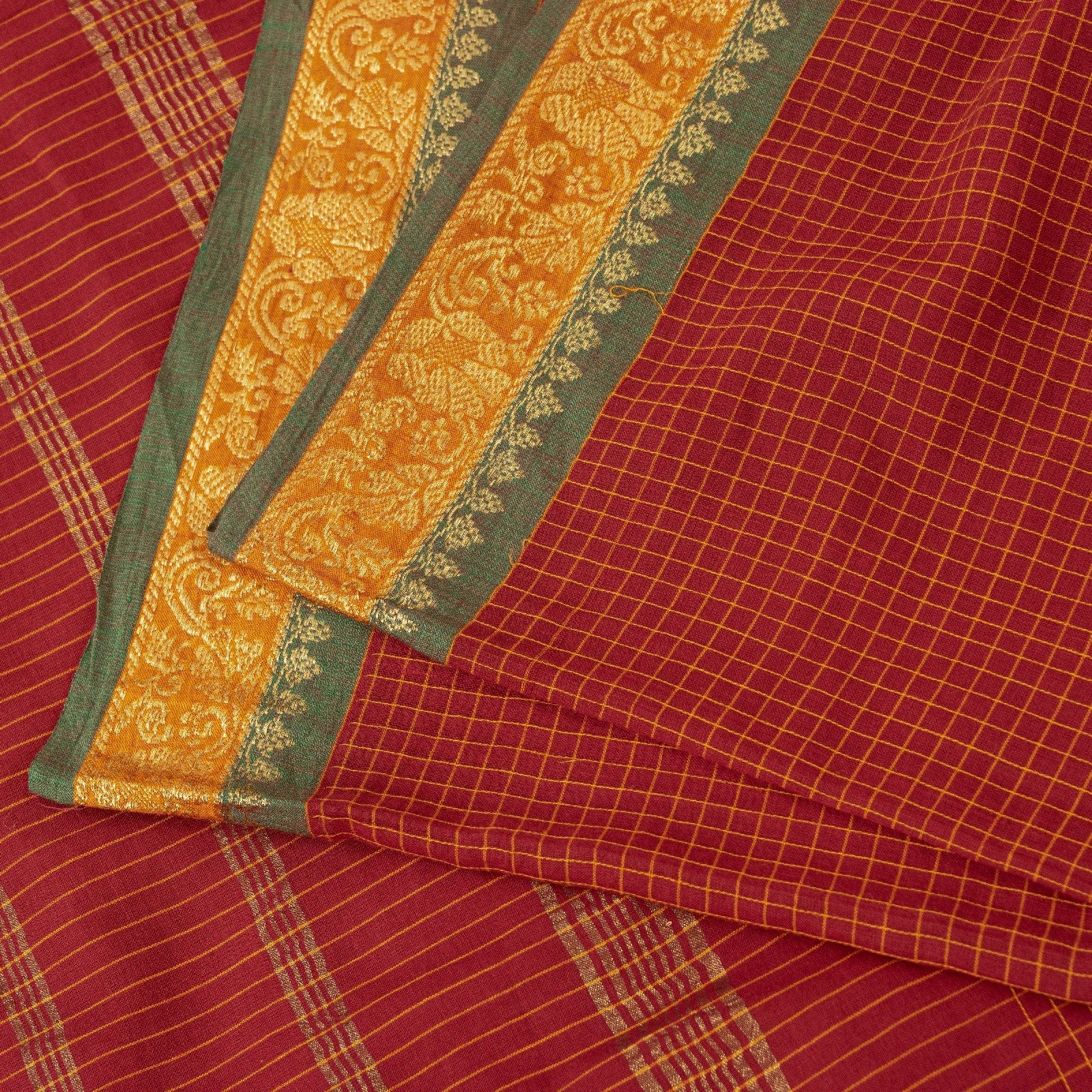 Sanskriti Vintage Sarees Dark Red Pure Cotton Chettinad HandWoven Tamilnadu Sari