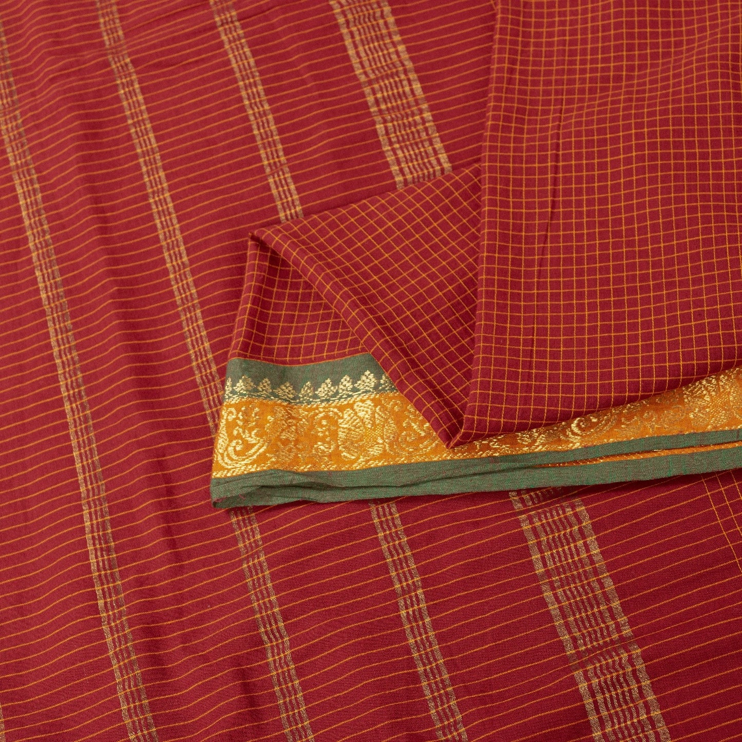 Sanskriti Vintage Sarees Dark Red Pure Cotton Chettinad HandWoven Tamilnadu Sari