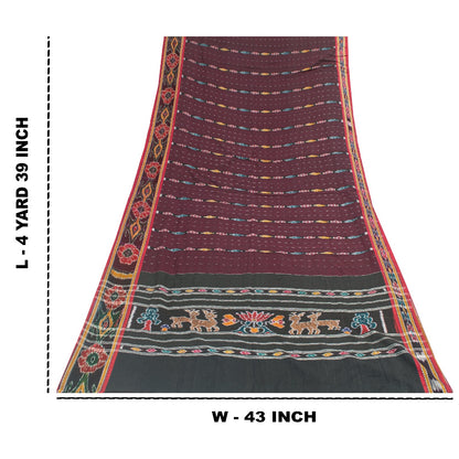 Sanskriti Vintage Sarees Dark Red Ikat Handwoven Odisha Pure Cotton 5+yd Sari