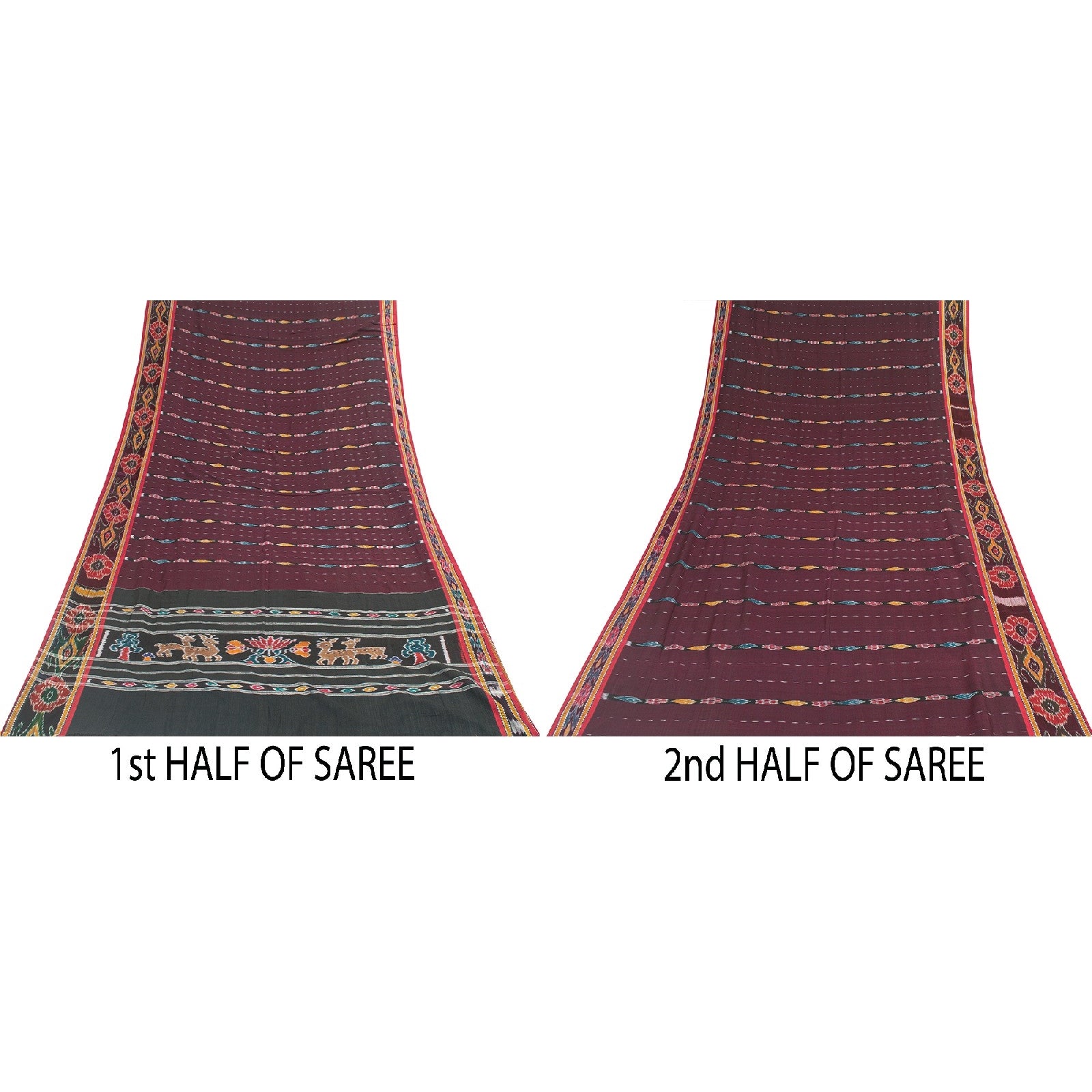 Sanskriti Vintage Sarees Dark Red Ikat Handwoven Odisha Pure Cotton 5+yd Sari