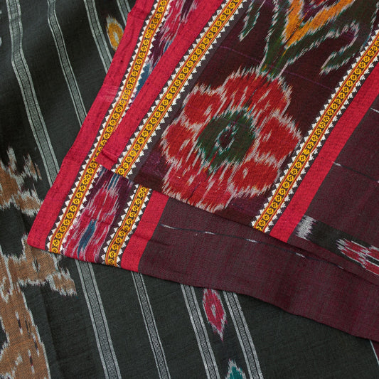 Sanskriti Vintage Sarees Dark Red Ikat Handwoven Odisha Pure Cotton 5+yd Sari