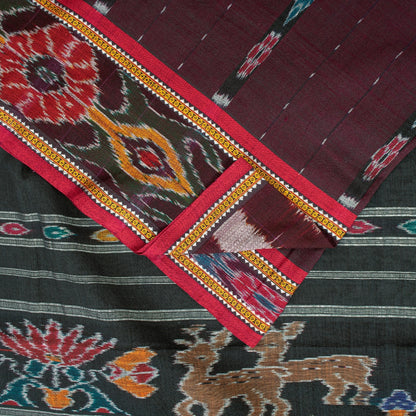 Sanskriti Vintage Sarees Dark Red Ikat Handwoven Odisha Pure Cotton 5+yd Sari