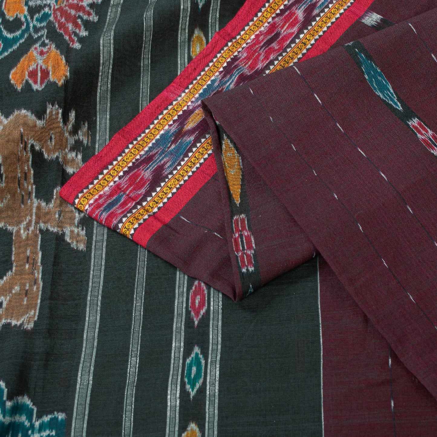 Sanskriti Vintage Sarees Dark Red Ikat Handwoven Odisha Pure Cotton 5+yd Sari