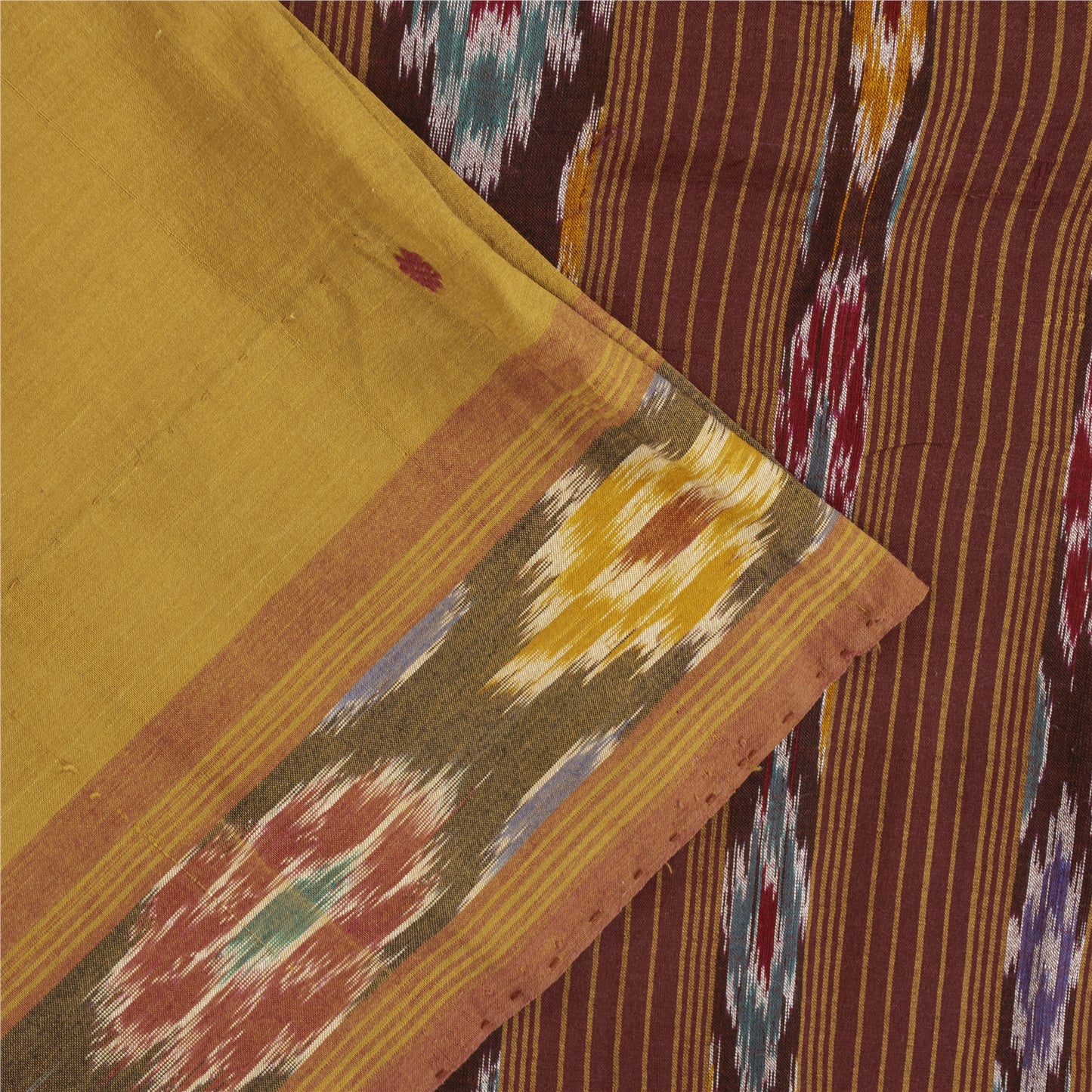 Sanskriti Vintage Sarees Mustard Ikat Handwoven Odisha Pure Cotton 5+yd Sari