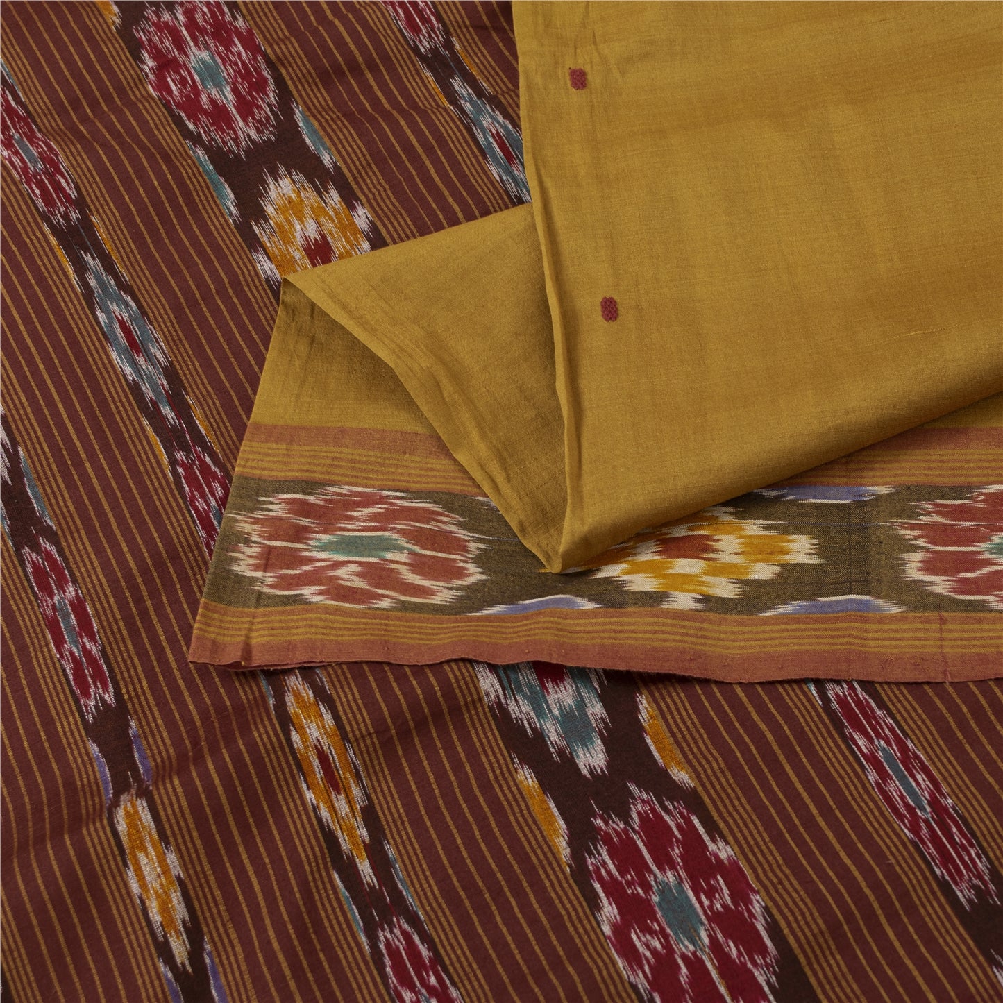 Sanskriti Vintage Sarees Mustard Ikat Handwoven Odisha Pure Cotton 5+yd Sari