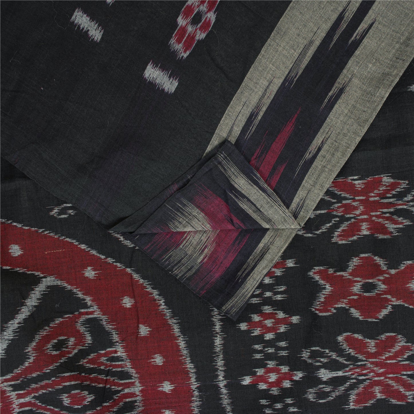 Sanskriti Vintage Sarees Gray Ikat Handwoven Odisha Pure Cotton Sari 5+yd Fabric
