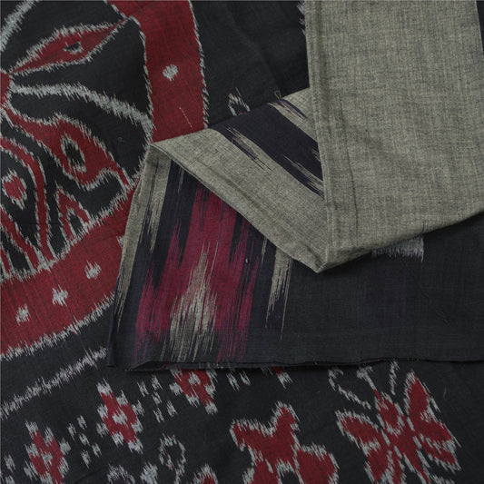 Sanskriti Vintage Sarees Gray Ikat Handwoven Odisha Pure Cotton Sari 5+yd Fabric