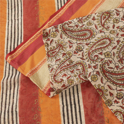 Sanskriti Vintage Sarees Cream Pure Cotton Hand Block Printed 5+YD Textile Sari