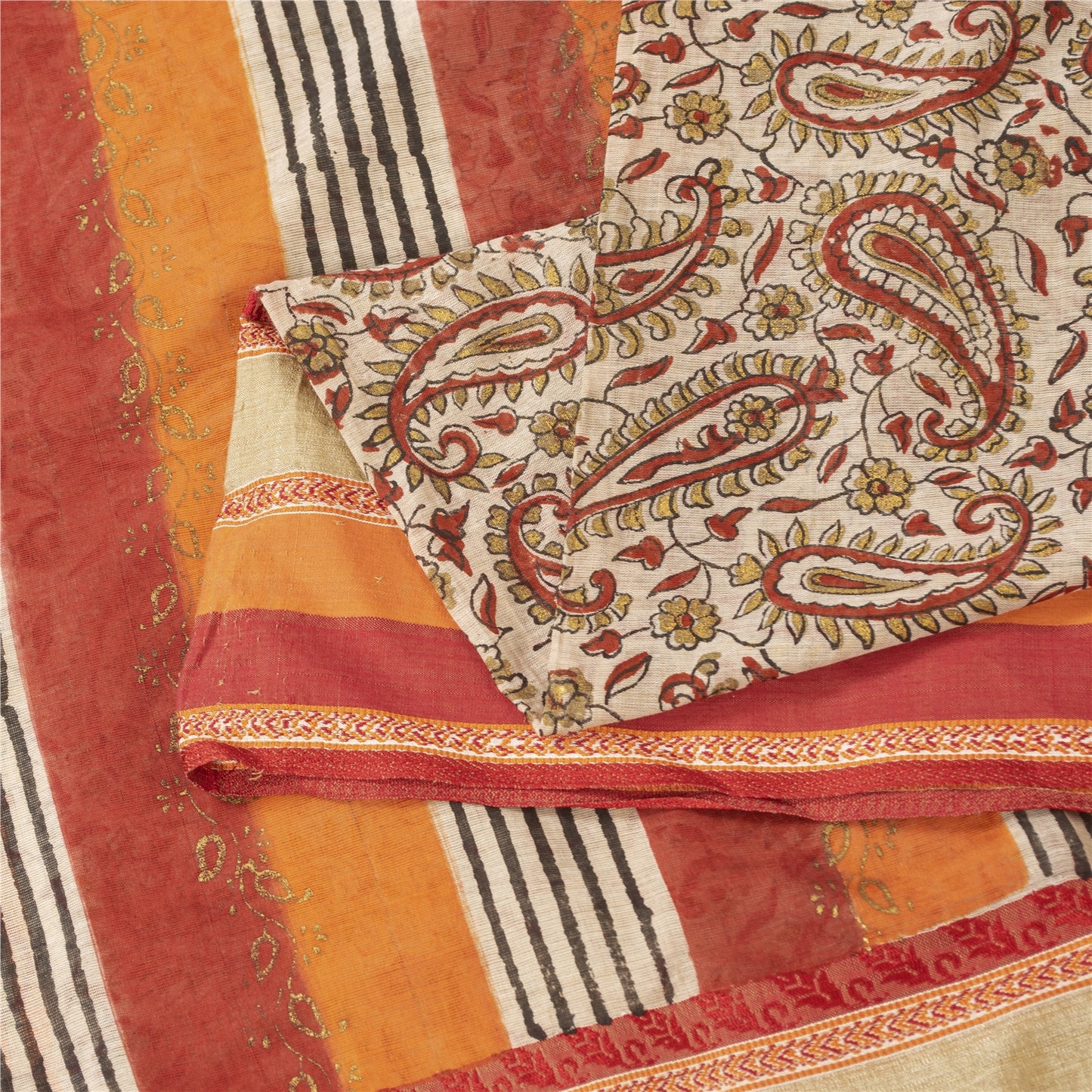 Sanskriti Vintage Sarees Cream Pure Cotton Hand Block Printed 5+YD Textile Sari