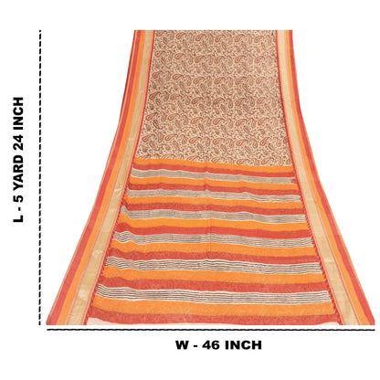 Sanskriti Vintage Sarees Cream Pure Cotton Hand Block Printed 5+YD Textile Sari