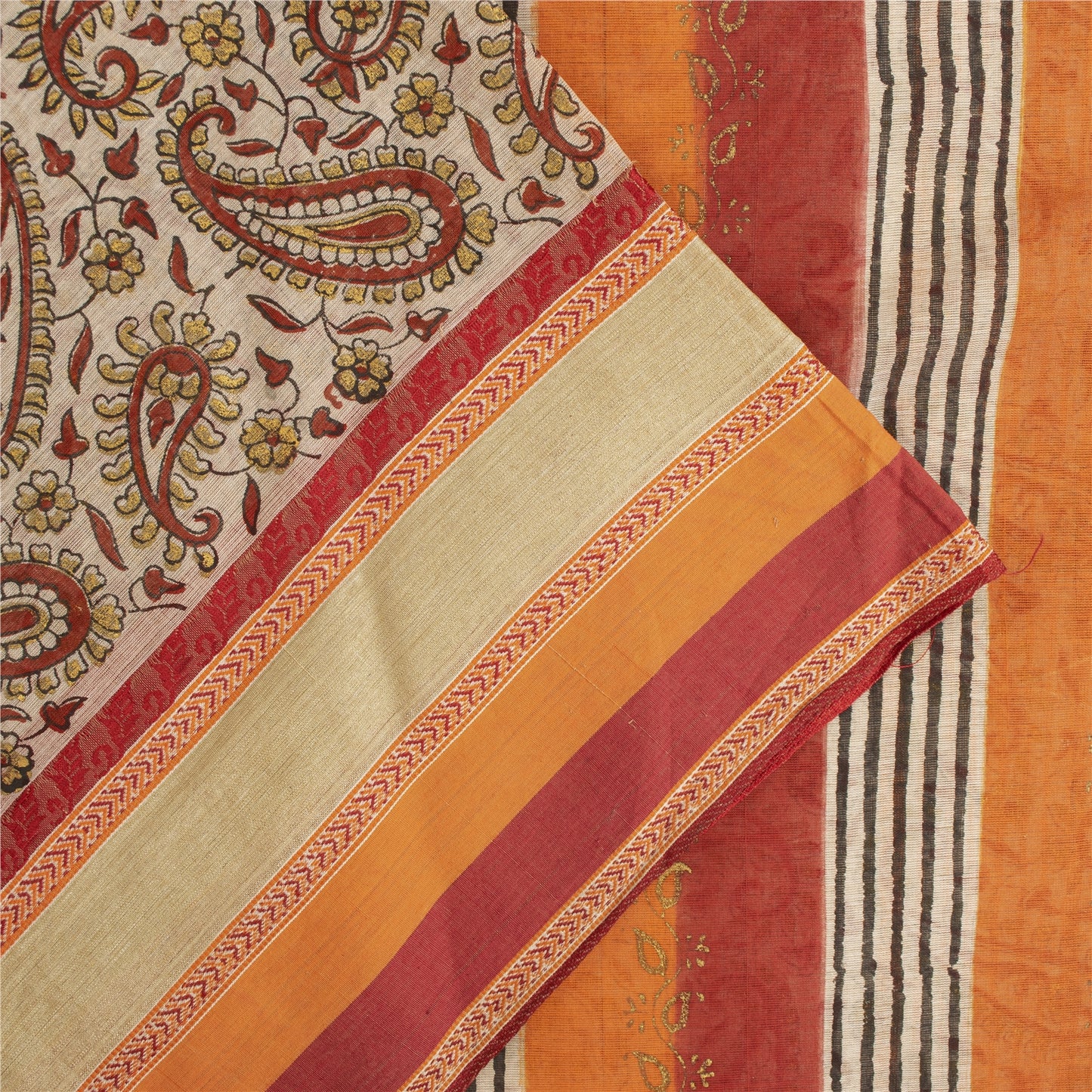 Sanskriti Vintage Sarees Cream Pure Cotton Hand Block Printed 5+YD Textile Sari