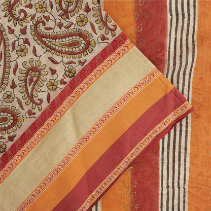 Sanskriti Vintage Sarees Cream Pure Cotton Hand Block Printed 5+YD Textile Sari