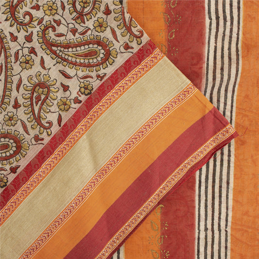 Sanskriti Vintage Sarees Cream Pure Cotton Hand Block Printed 5+YD Textile Sari