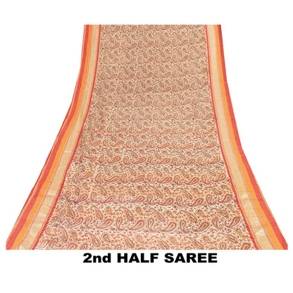 Sanskriti Vintage Sarees Cream Pure Cotton Hand Block Printed 5+YD Textile Sari