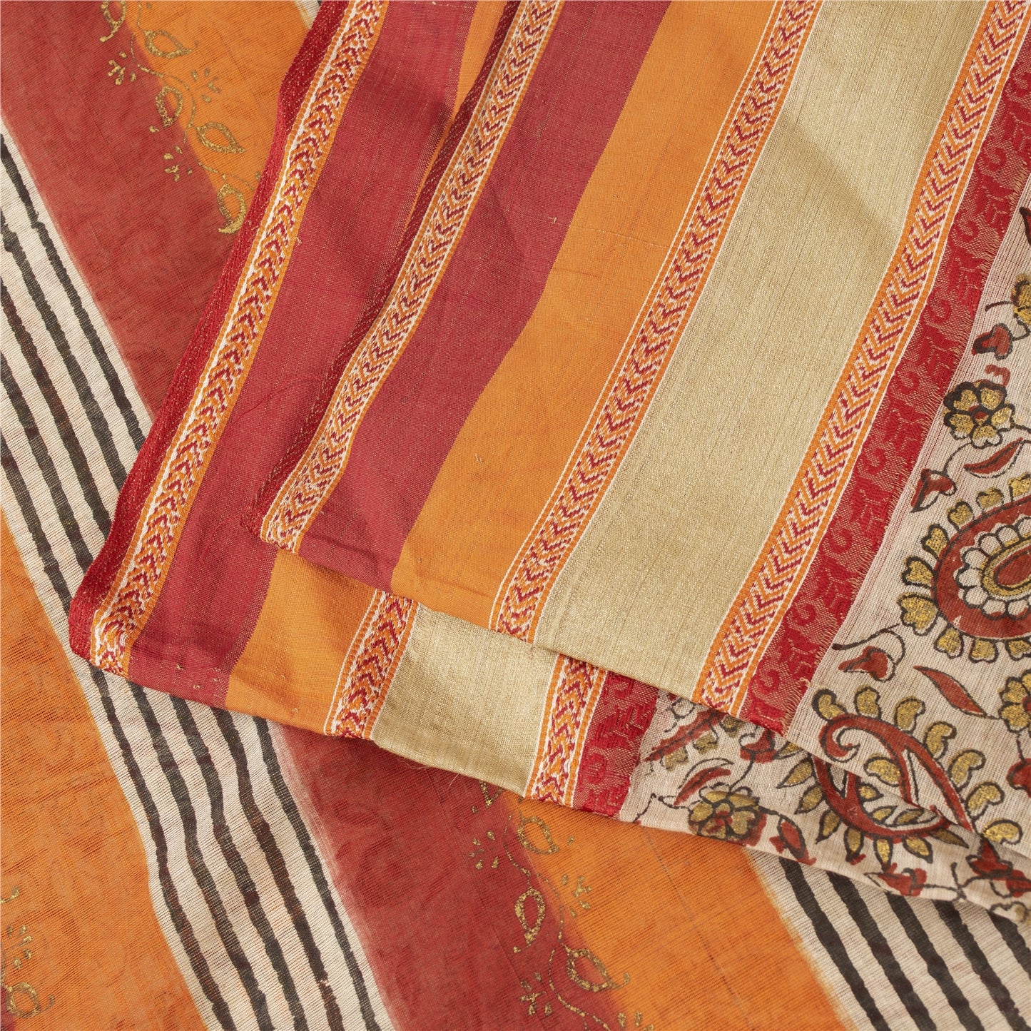 Sanskriti Vintage Sarees Cream Pure Cotton Hand Block Printed 5+YD Textile Sari