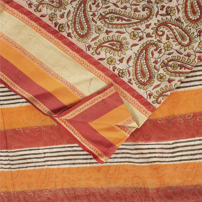 Sanskriti Vintage Sarees Cream Pure Cotton Hand Block Printed 5+YD Textile Sari