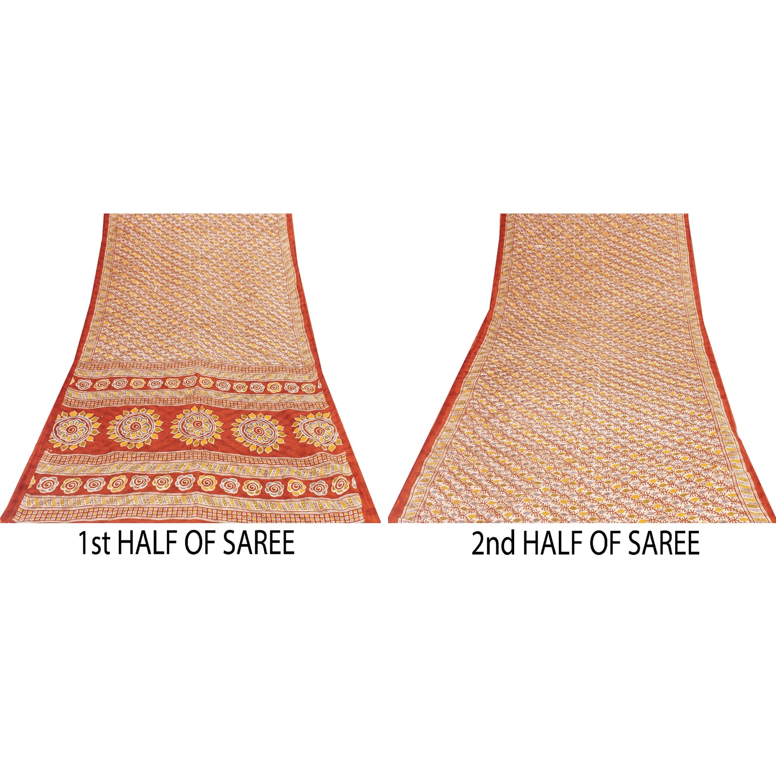 Sanskriti Vintage Sarees Cream Pure Cotton Floral Kantha Printed 5+YD Decor Sari