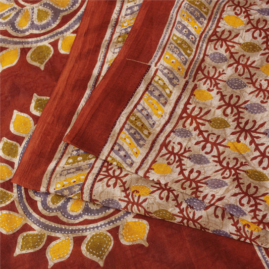 Sanskriti Vintage Sarees Cream Pure Cotton Floral Kantha Printed 5+YD Decor Sari