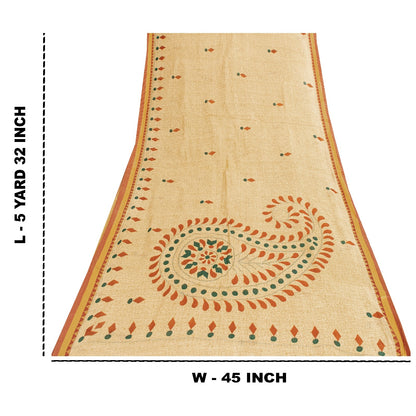 Sanskriti Vintage Sarees Cream Pure Cotton Paisley Print 5+YD Craft Supplie Sari