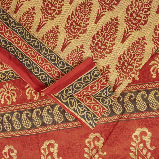 Sanskriti Vintage Sarees Cream & Red Pure Cotton Block Floral Printed 5+YD Sari