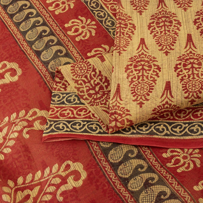 Sanskriti Vintage Sarees Cream & Red Pure Cotton Block Floral Printed 5+YD Sari